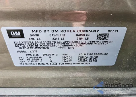 2021 Chevrolet Trax 1Lt z USA, uszkodzony, nr VIN KL7CJPSB1MB359656